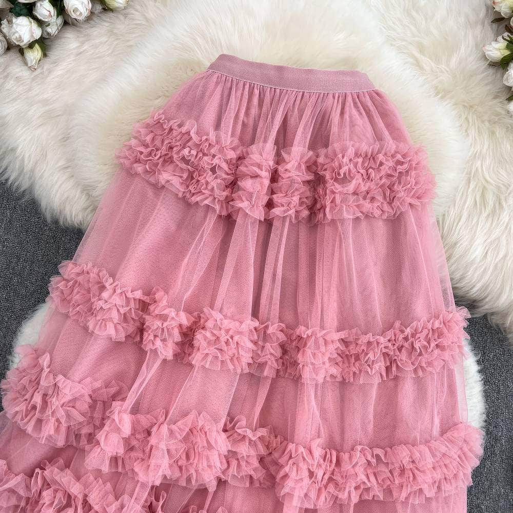 Floral Layered Ruffled Tulle Skirt