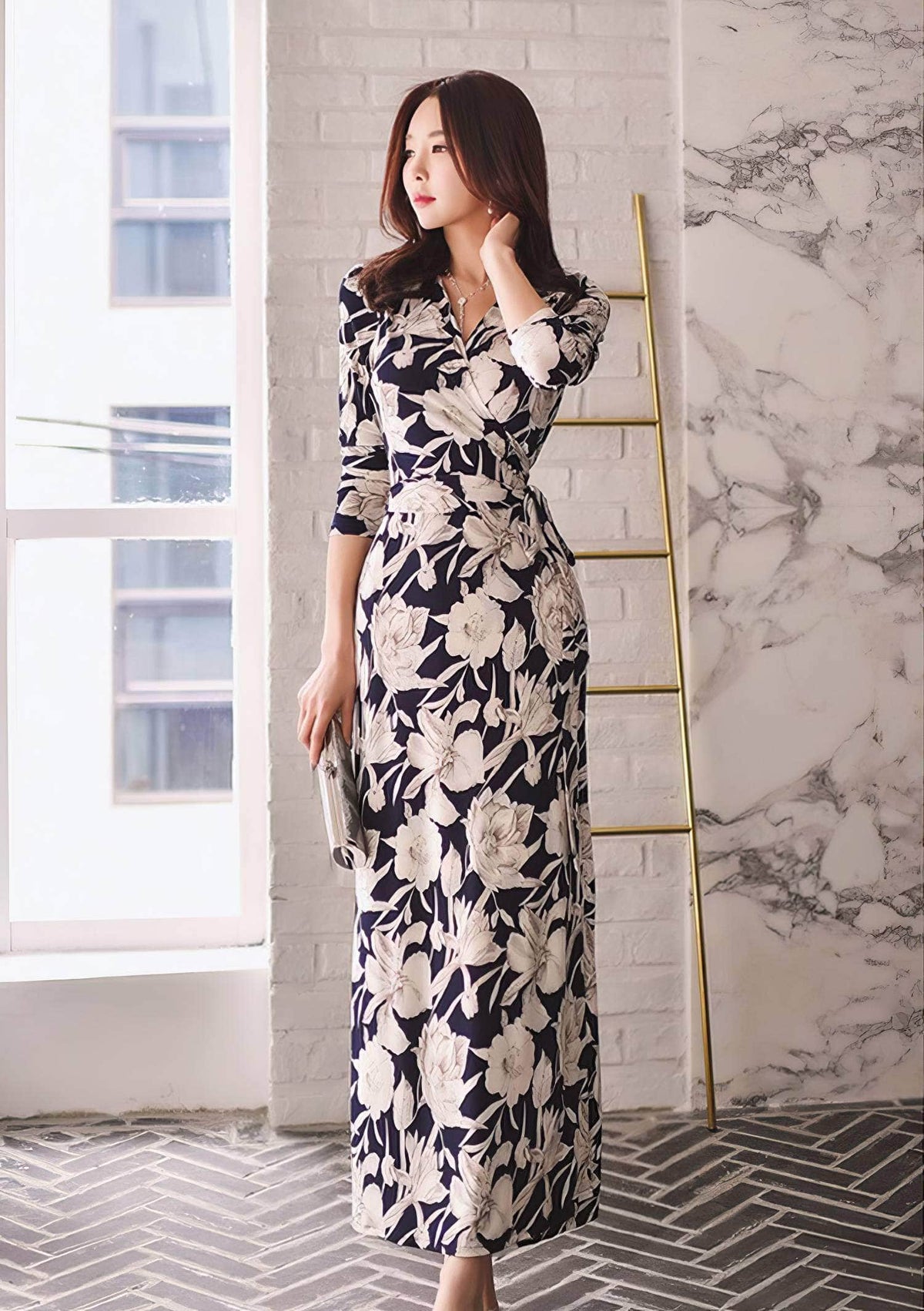 Floral Print V-Neck Wrap Maxi Dress