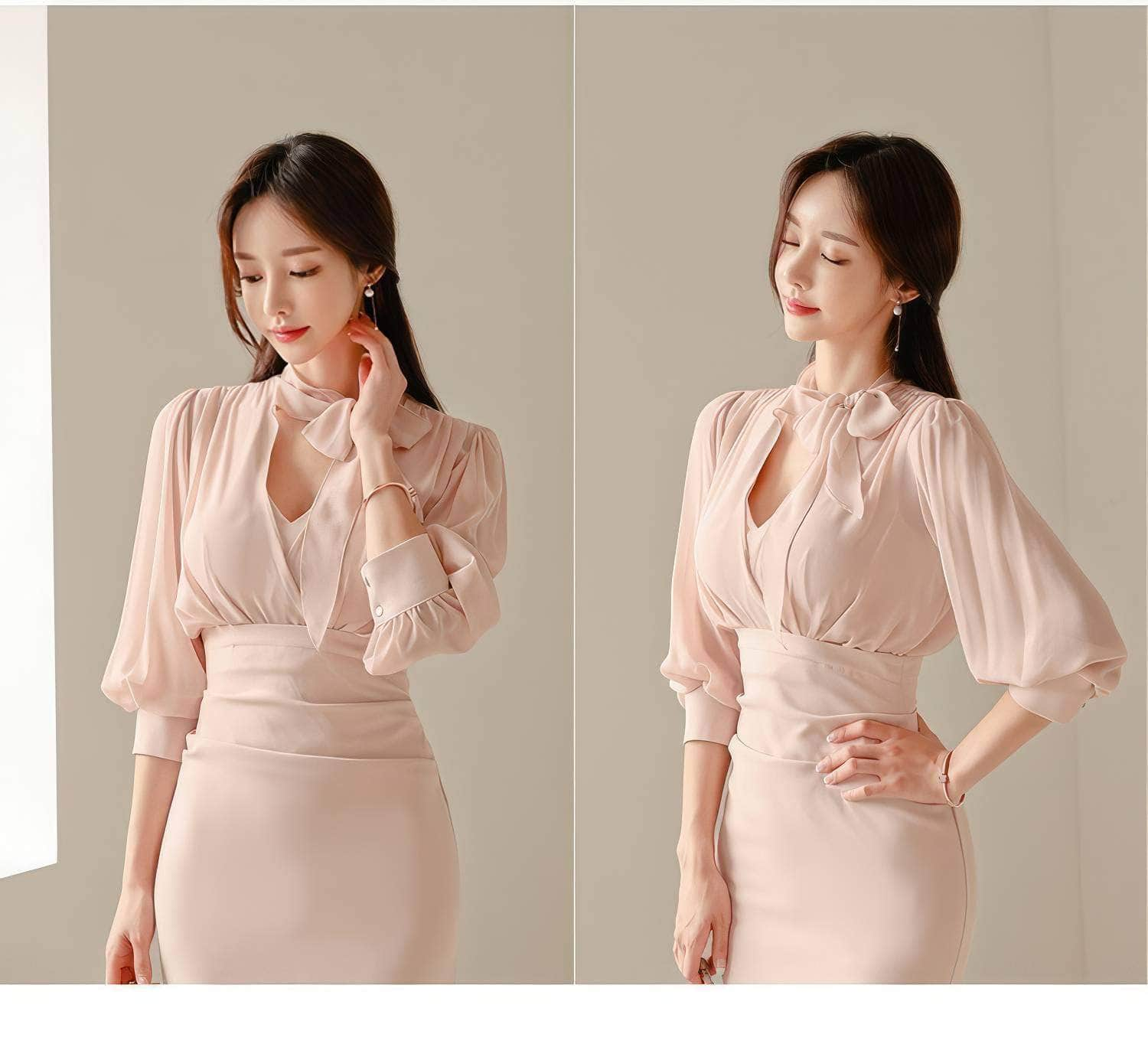 Gathered Puff Sleeves Knot Tie Column Dress