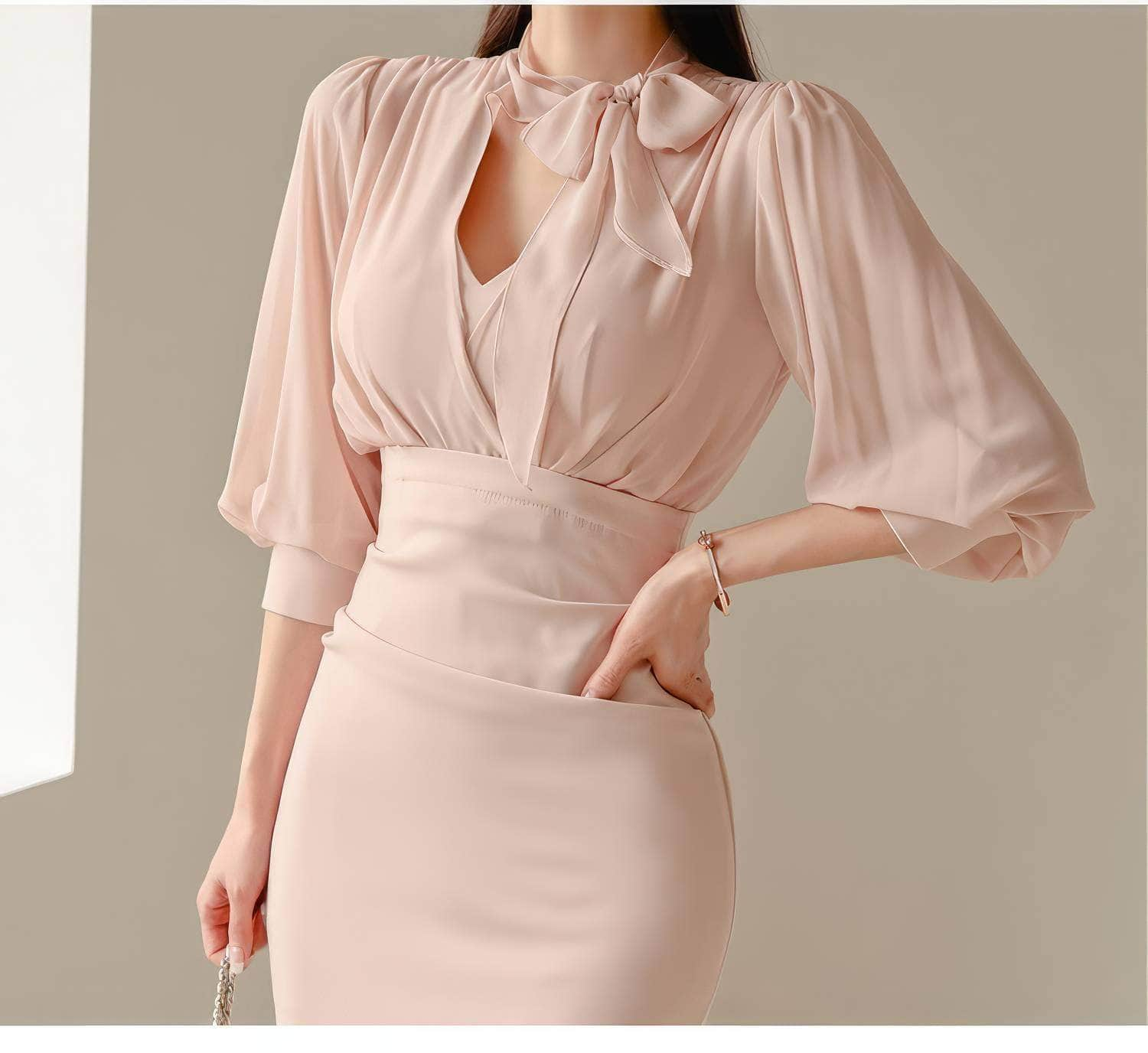 Gathered Puff Sleeves Knot Tie Column Dress