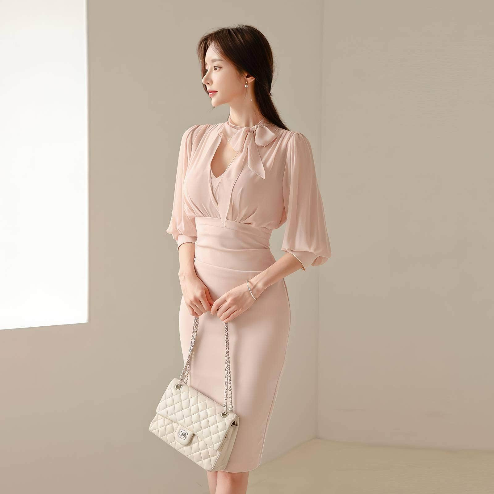 Gathered Puff Sleeves Knot Tie Column Dress