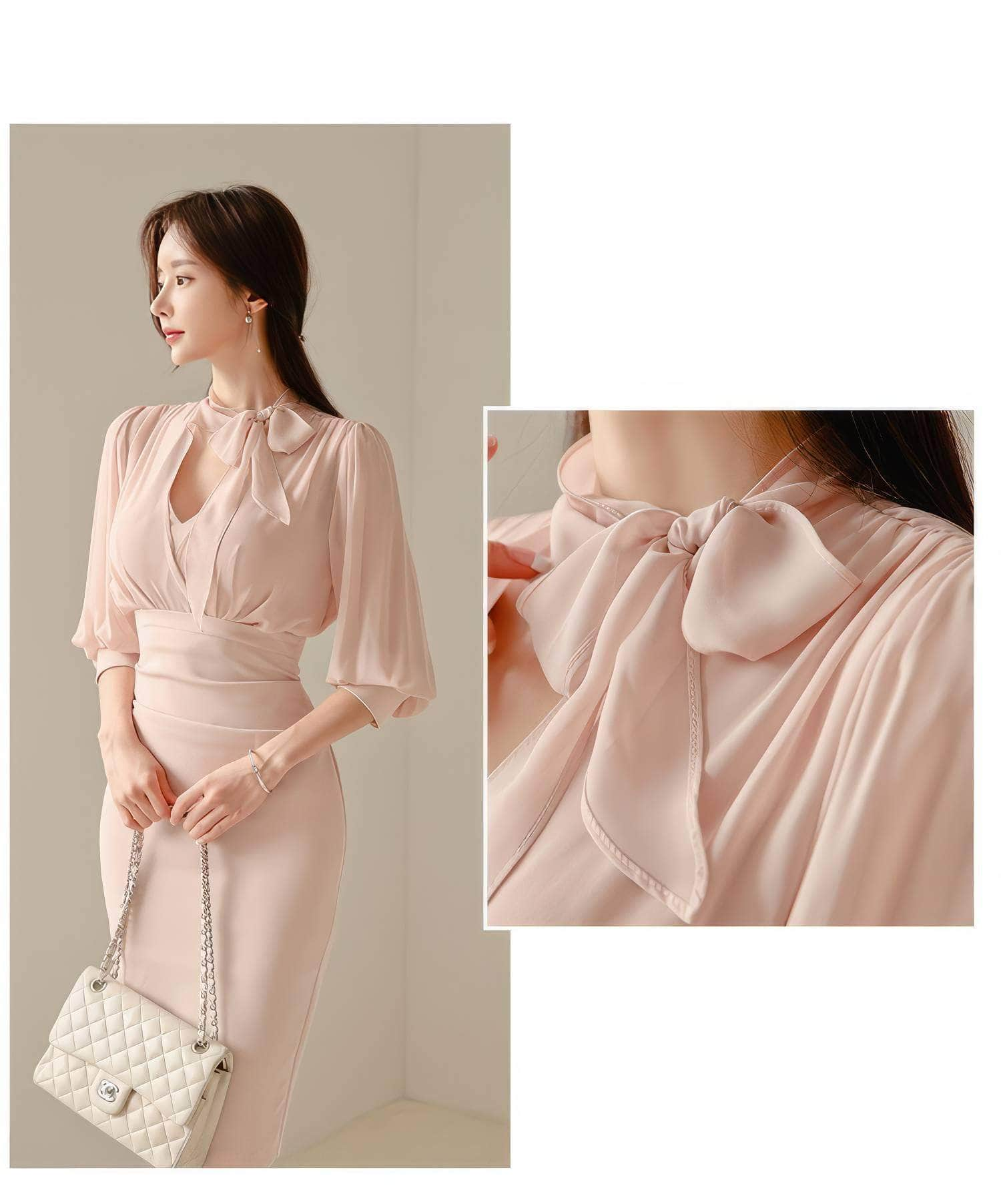 Gathered Puff Sleeves Knot Tie Column Dress