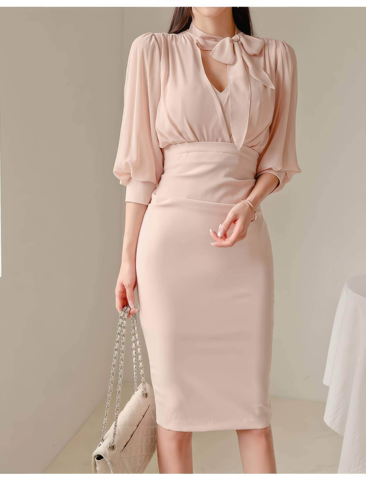 Gathered Puff Sleeves Knot Tie Column Dress