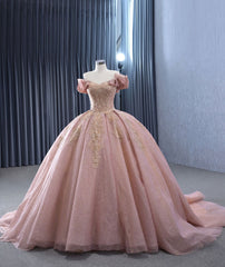 Glitter Blush Pink Applique Decor Quinceañera Ball Dress J7I9O