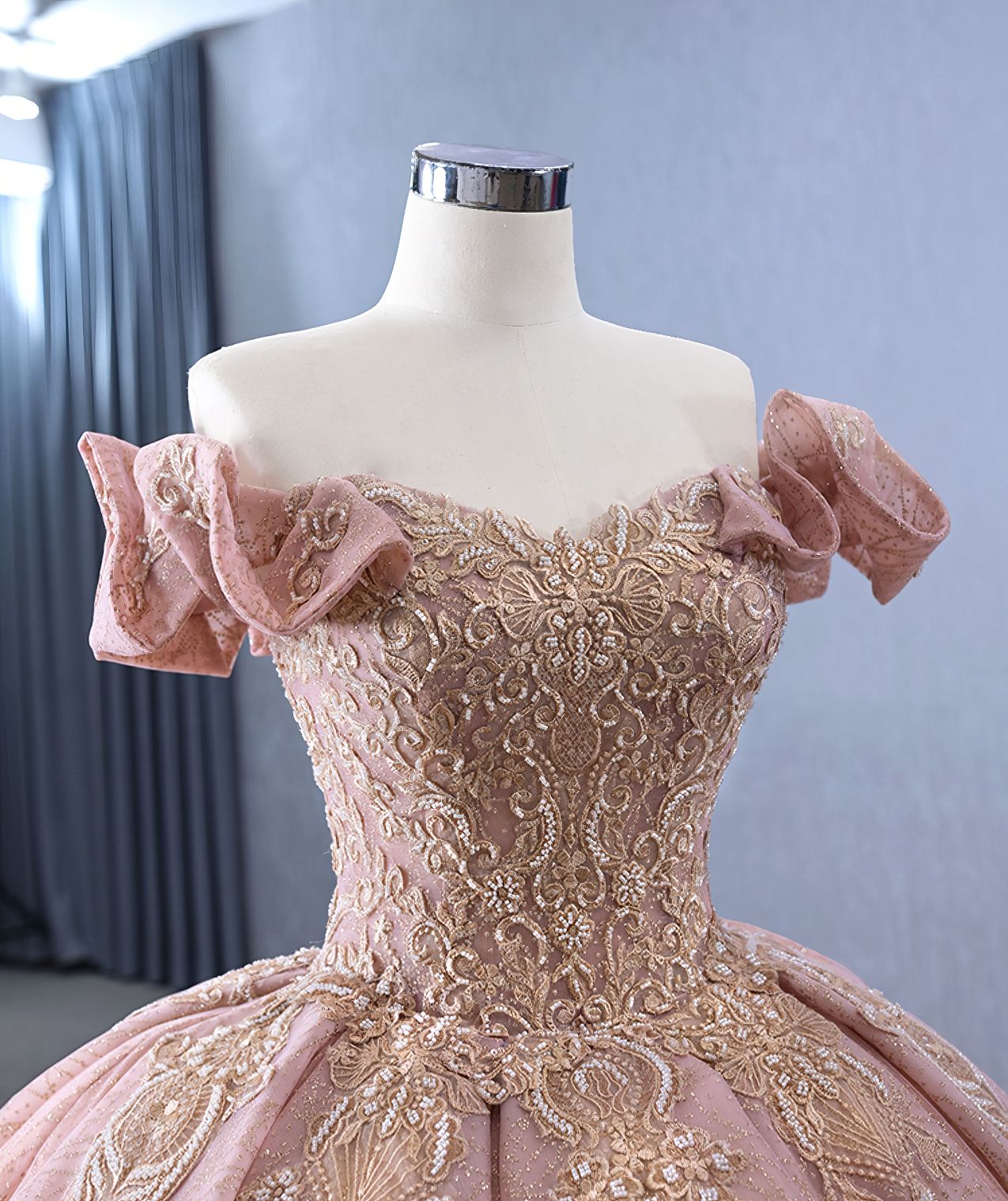 Glitter Blush Pink Applique Decor Quinceañera Ball Dress J7I9O