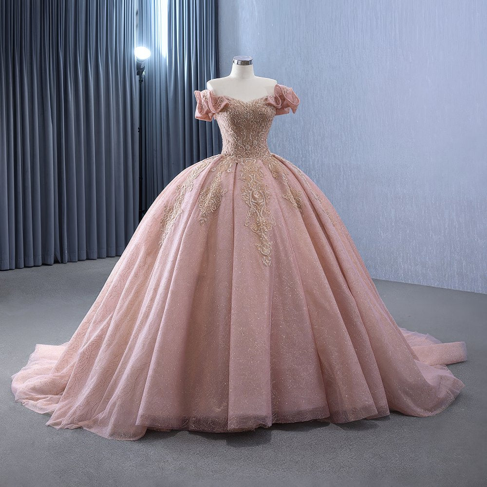 Glitter Blush Pink Applique Decor Quinceañera Ball Dress J7I9O