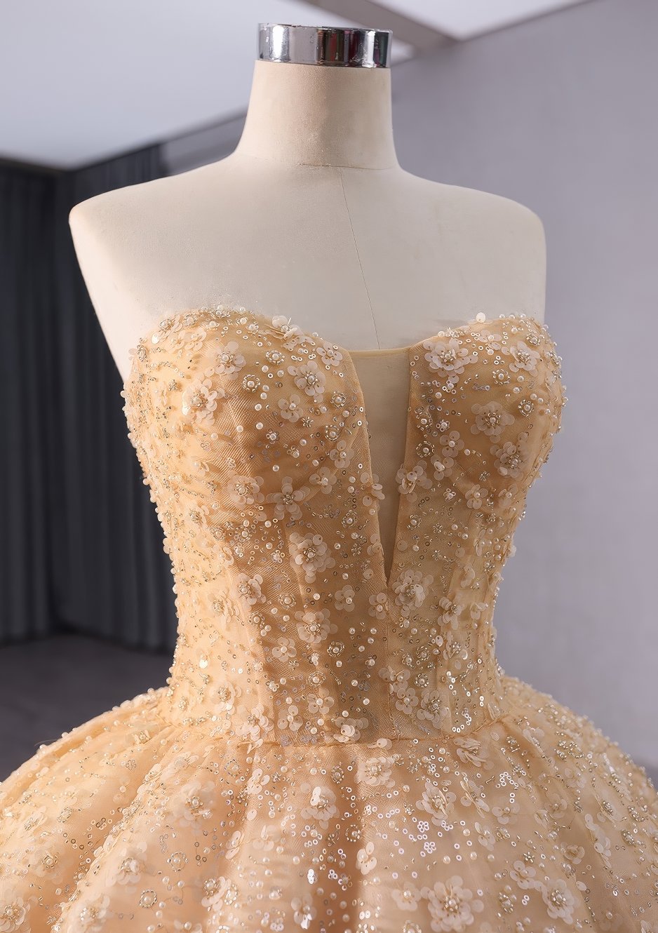 Glittery Champagne Quinceañera Corset Bodice Dress - E3F4G