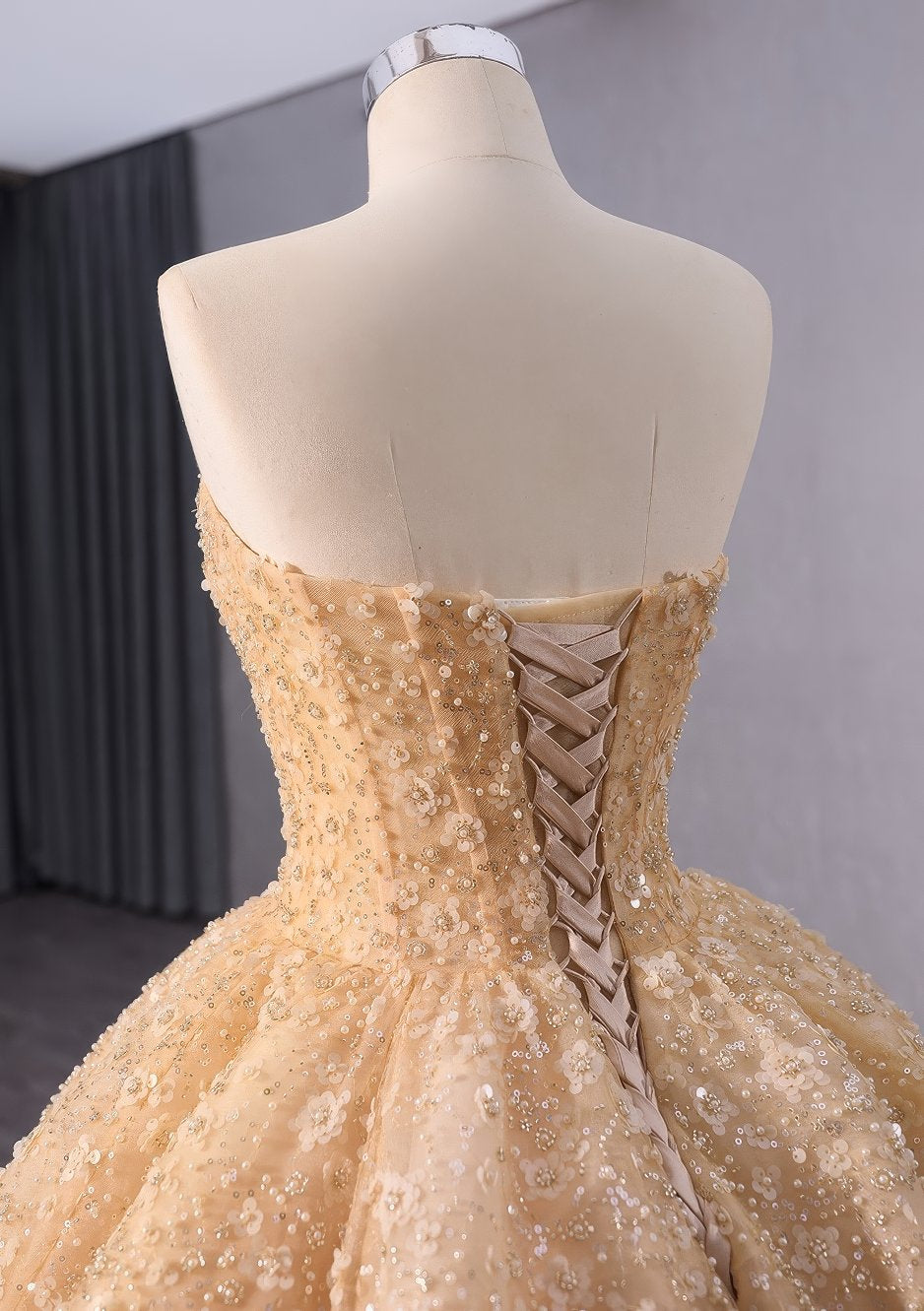 Glittery Champagne Quinceañera Corset Bodice Dress - E3F4G