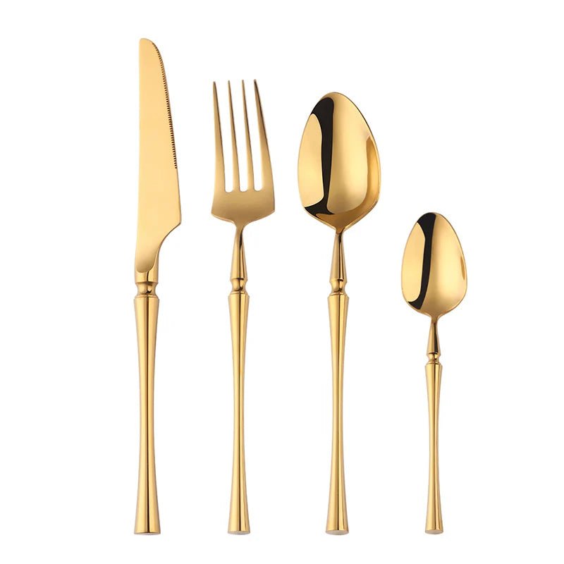 4Pcs 18/10 Stainless Steel Flatware Set - Standing Cutlery with Knife, Fork, Spoon, Teaspoon, Western Silverware Dinner Set Gold