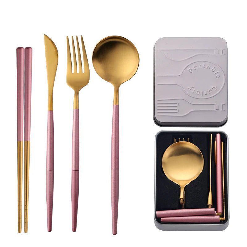 Portable Stainless Steel Cutlery Set - Creative, Assemblable Flatware with Box for Canteen Dinner, Includes Knife, Fork, Spoon, Chopsticks Pink-Gold