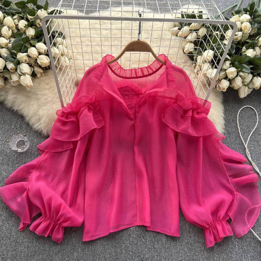 High Neck Ruffled Lantern Sleeves Blouse