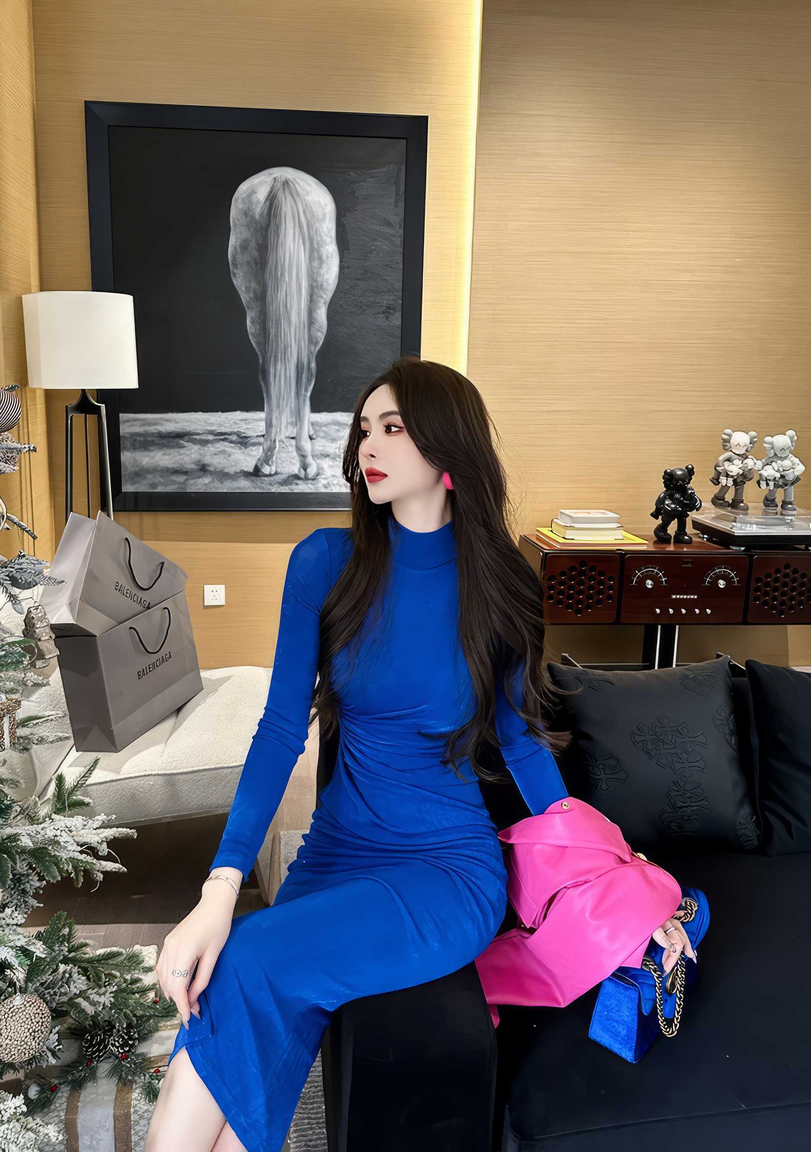 High Neck Long Sleeves Pleated Bodycon Dress