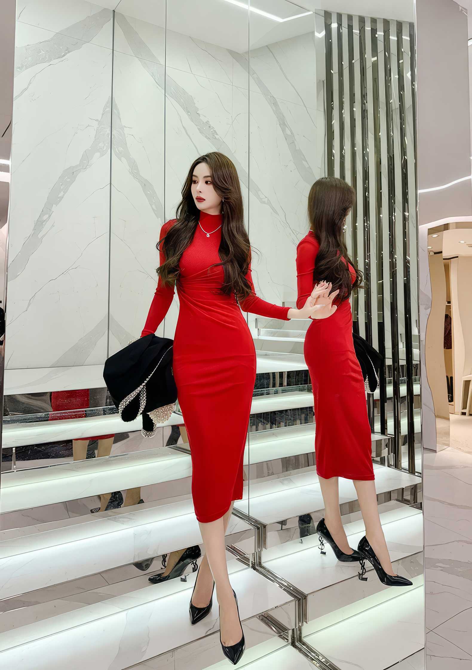 High Neck Long Sleeves Pleated Bodycon Dress