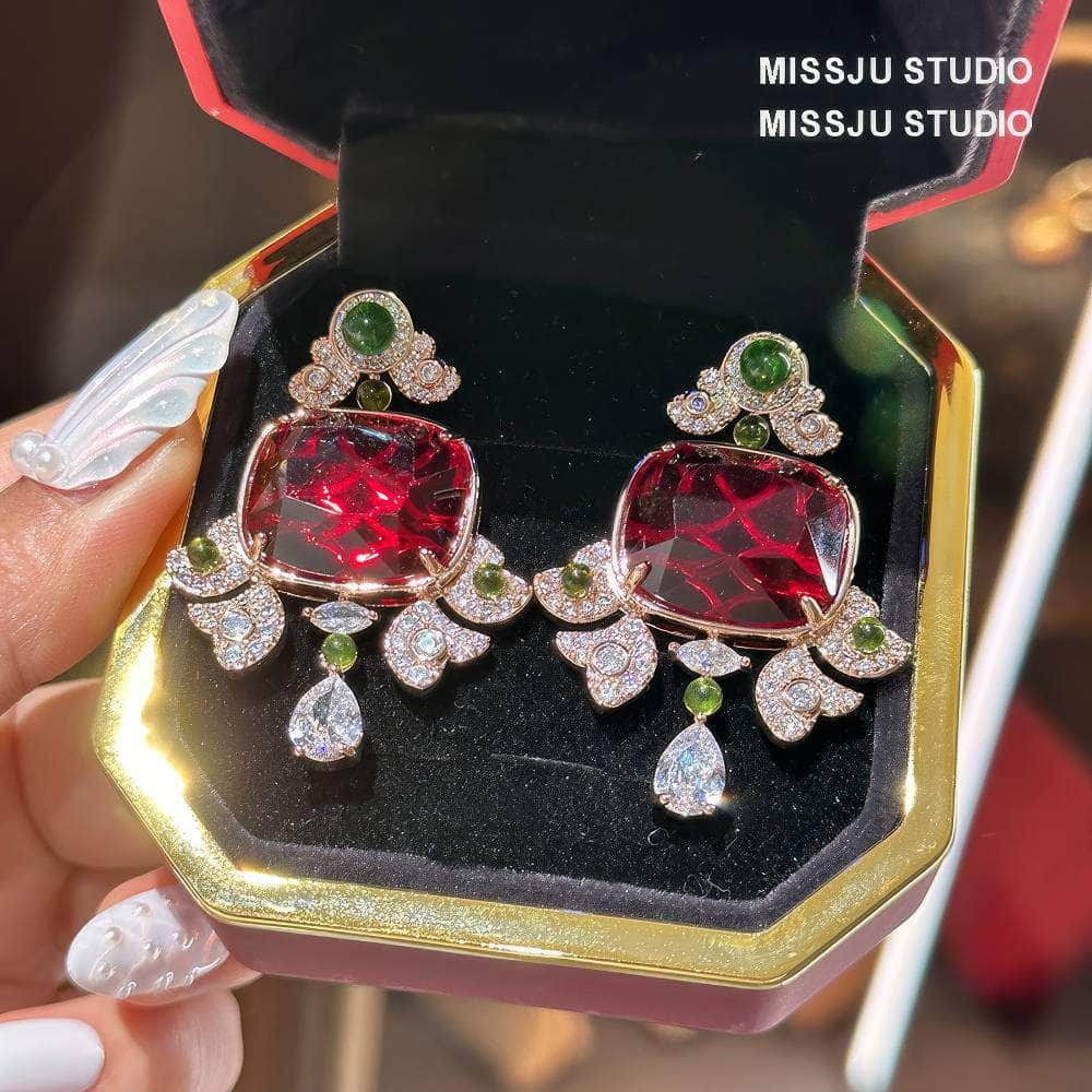 Honeycomb Ruby Rhinestone Studded Statement Earrings