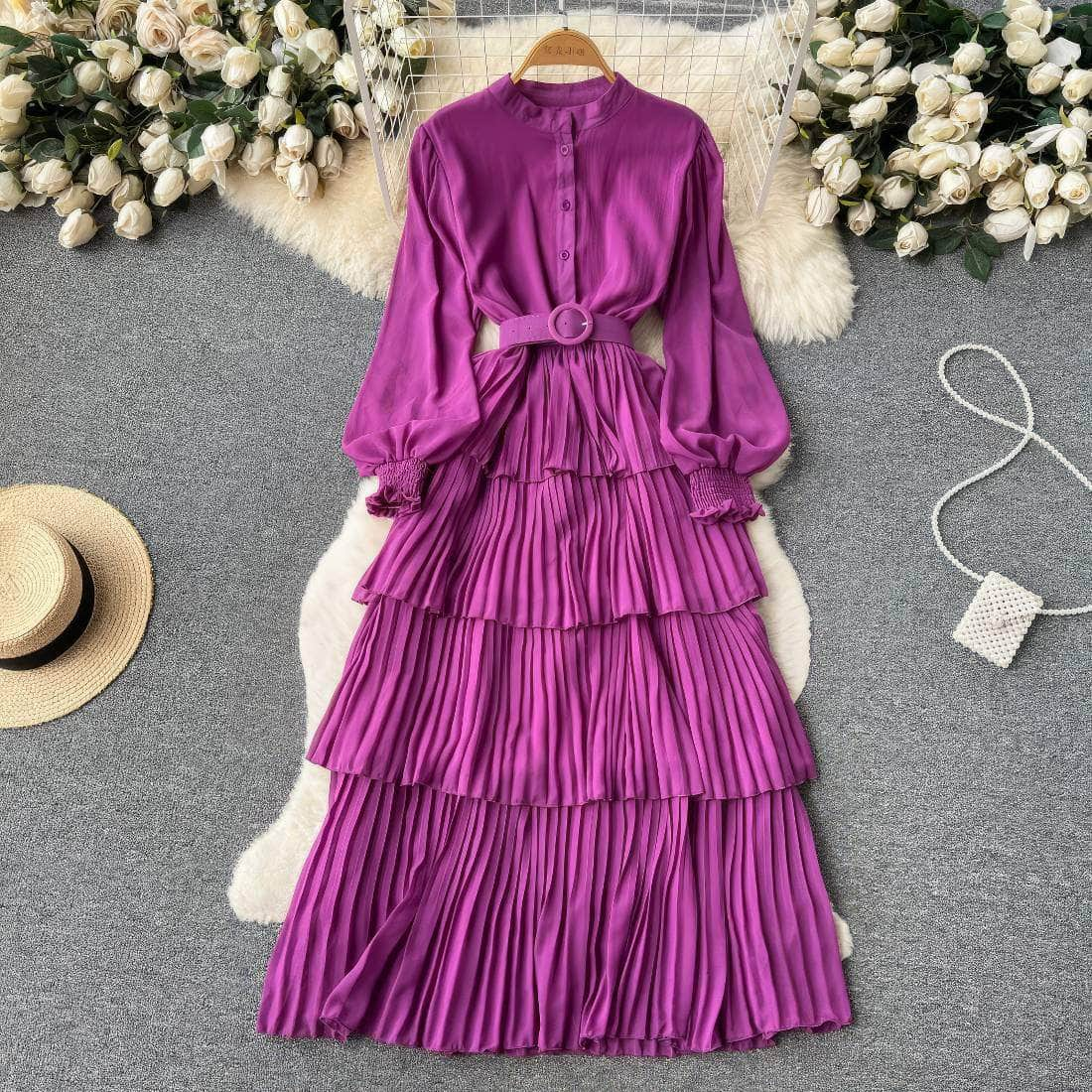 Lantern Sleeves Layered Pleated Maxi Dress