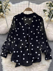 Lantern Sleeves Polka Dot Bow Sash Blouse