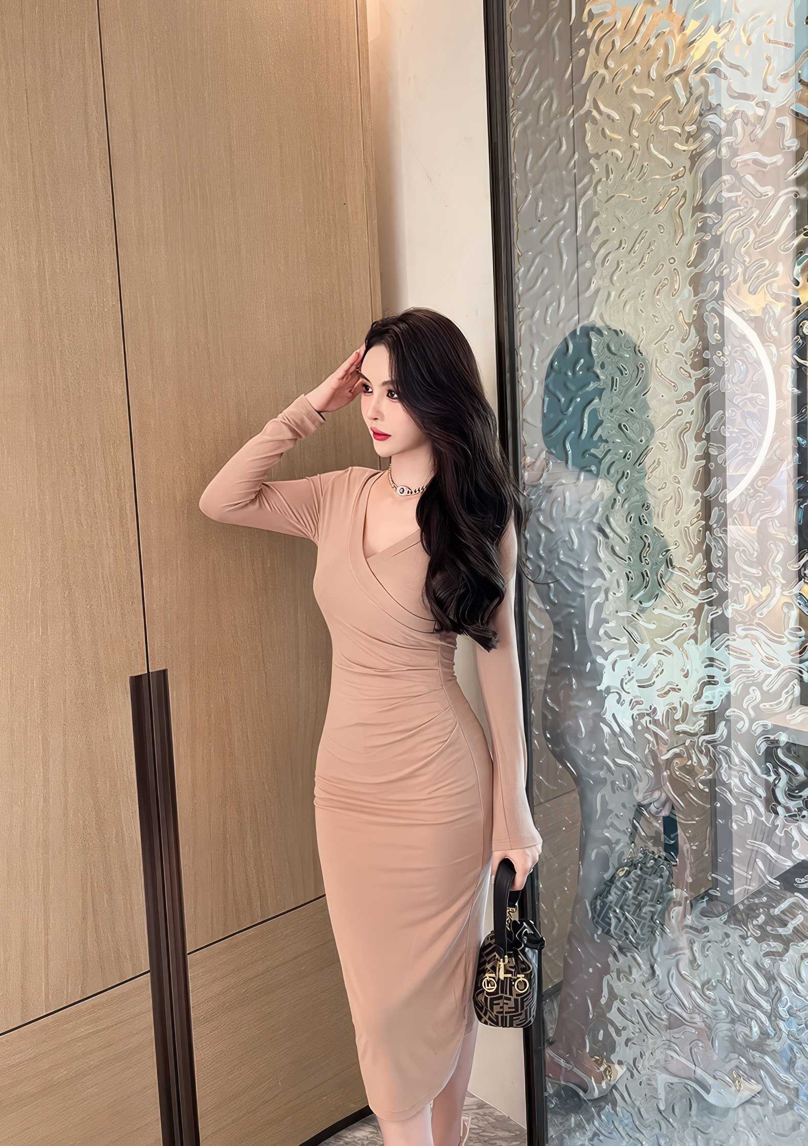 Long Sleeves Midi Wrapped Ribbed Dress