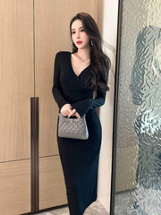 Long Sleeves Midi Wrapped Ribbed Dress