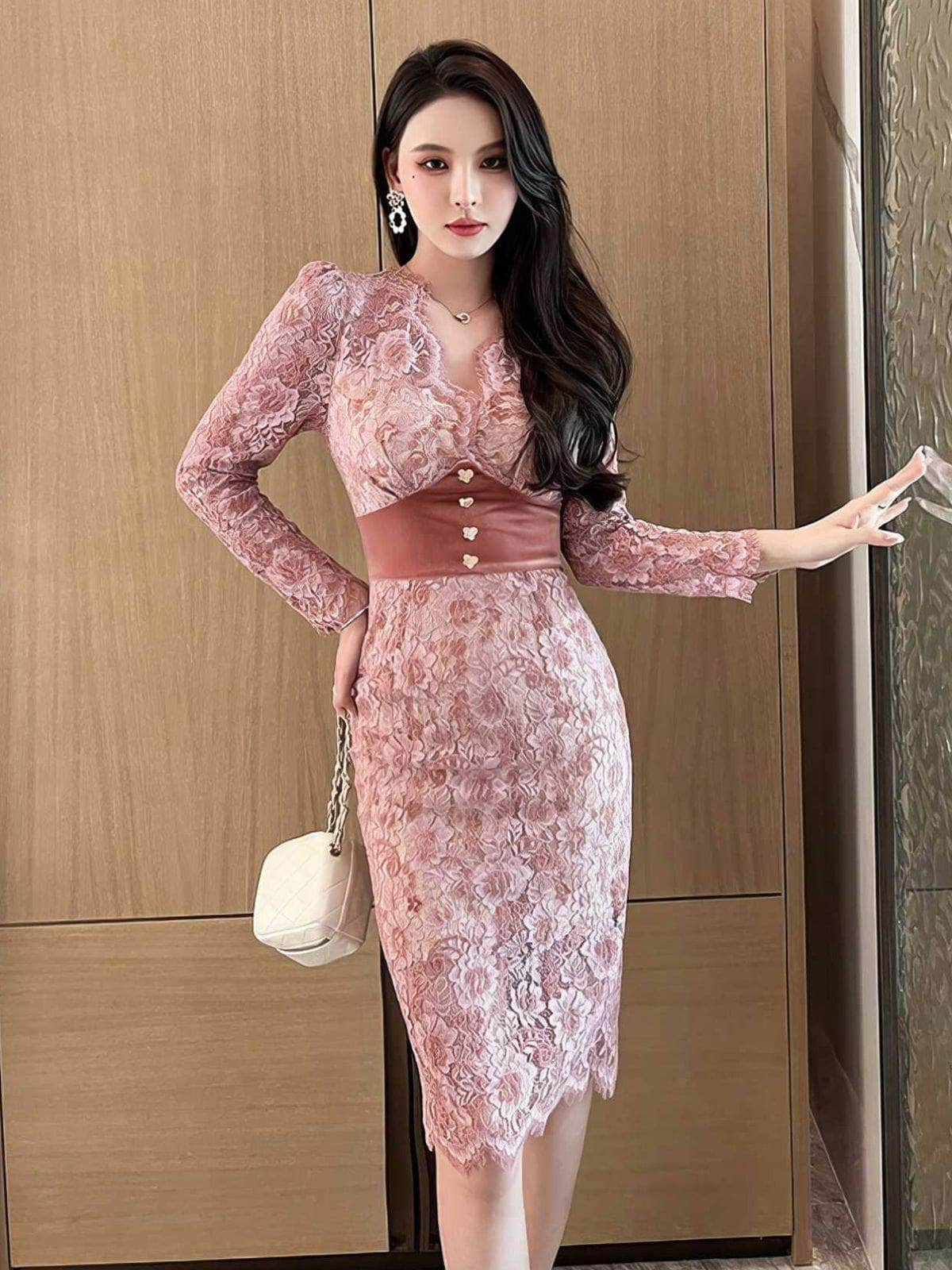 Long Sleeves Lace Trimmed Empire Waist Dress