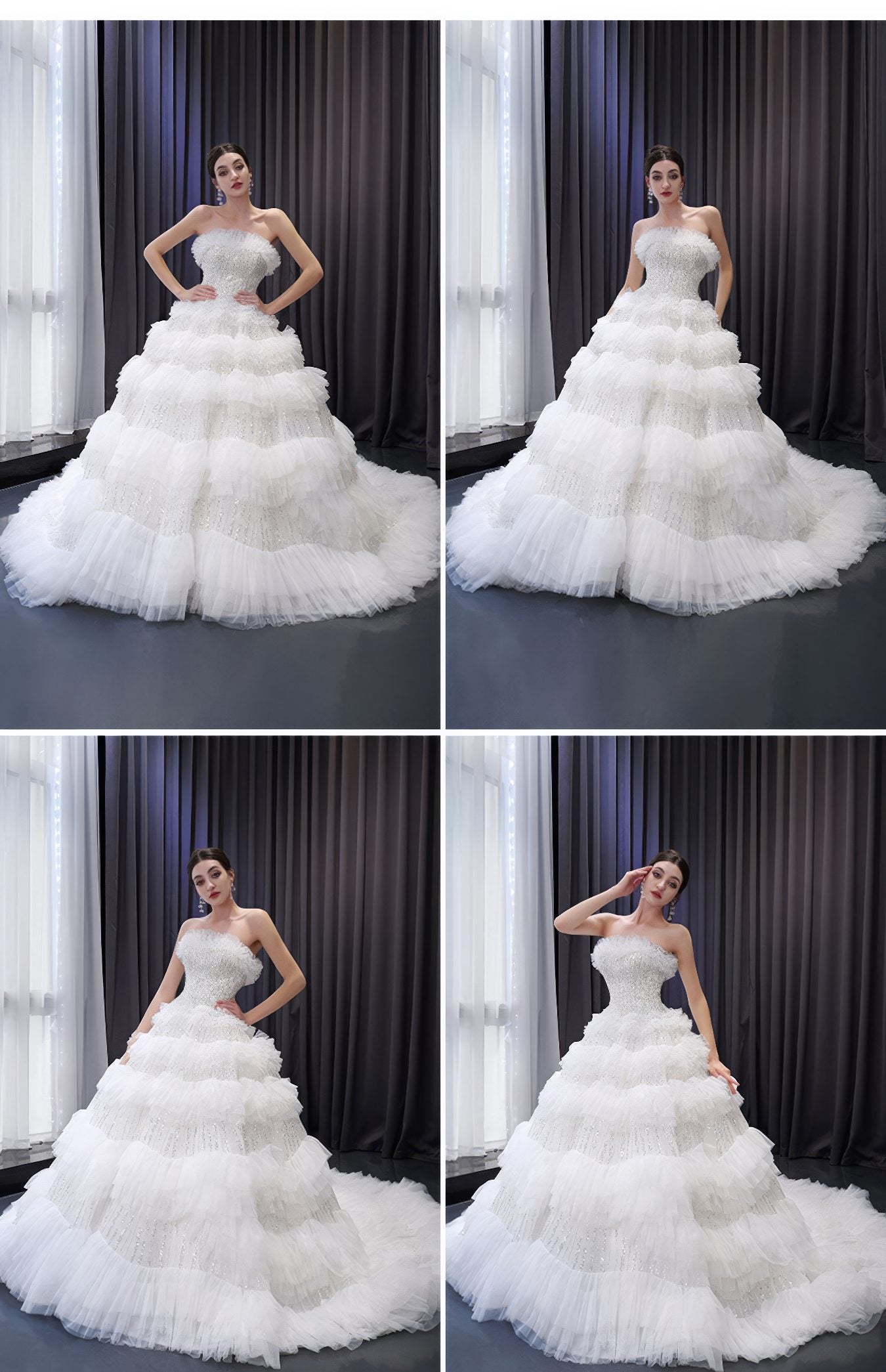 Luxurious Sequin Glittery Cascading Ruffles Tiered Wedding Dress - S3N8P