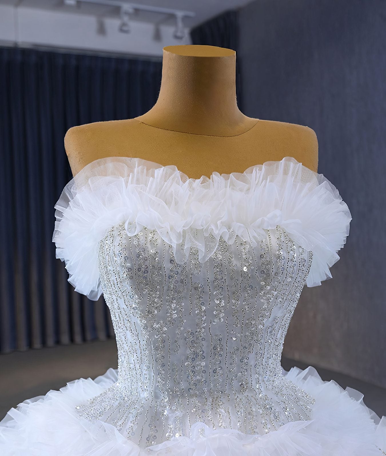 Luxurious Sequin Glittery Cascading Ruffles Tiered Wedding Dress - S3N8P