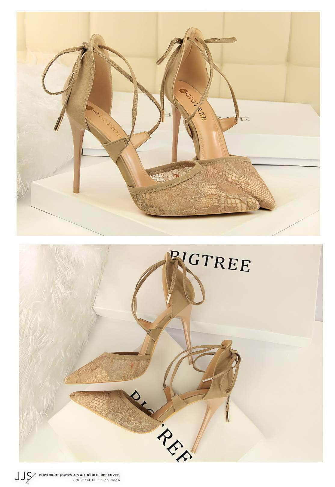 Mesh Detailed Ankle Strap Pointy Toe Heels
