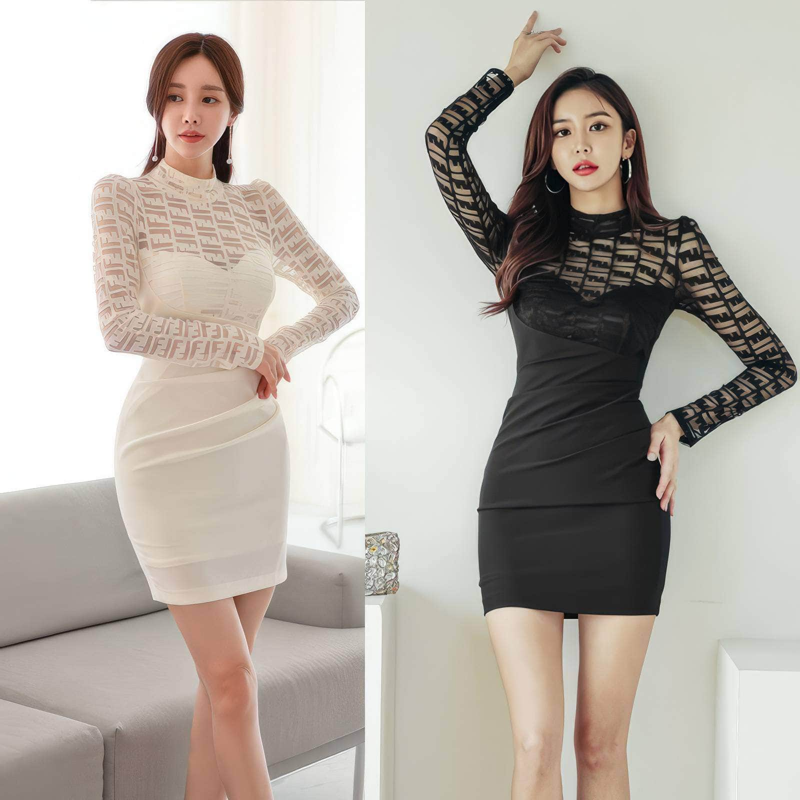 Mesh Panel Long Sleeves Slimfit Mini Dress