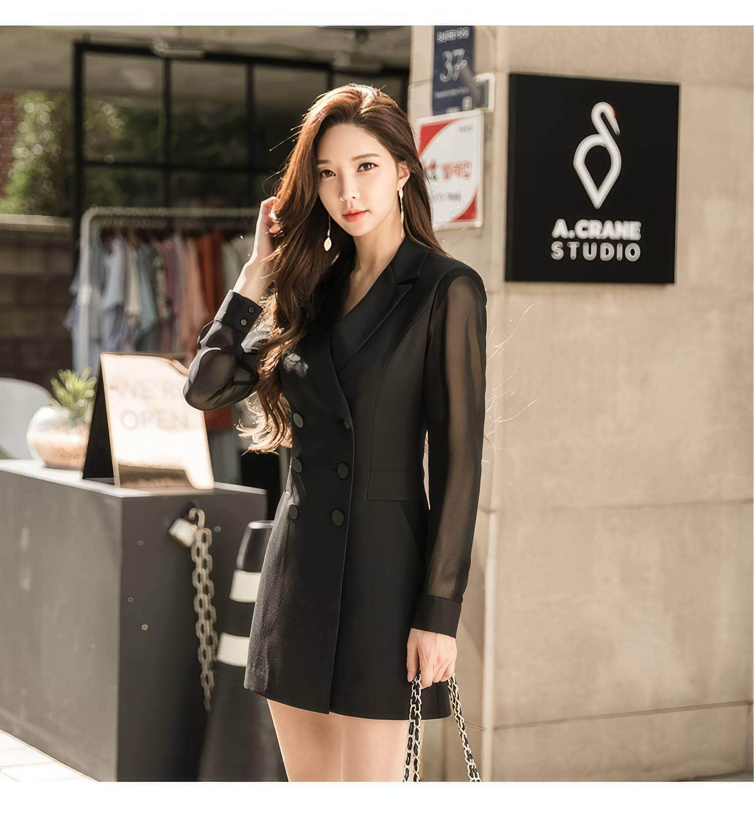 Mesh Sleeves Double Breasted Mini Blazer Dress