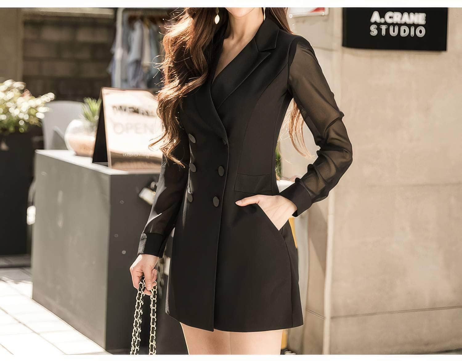 Mesh Sleeves Double Breasted Mini Blazer Dress