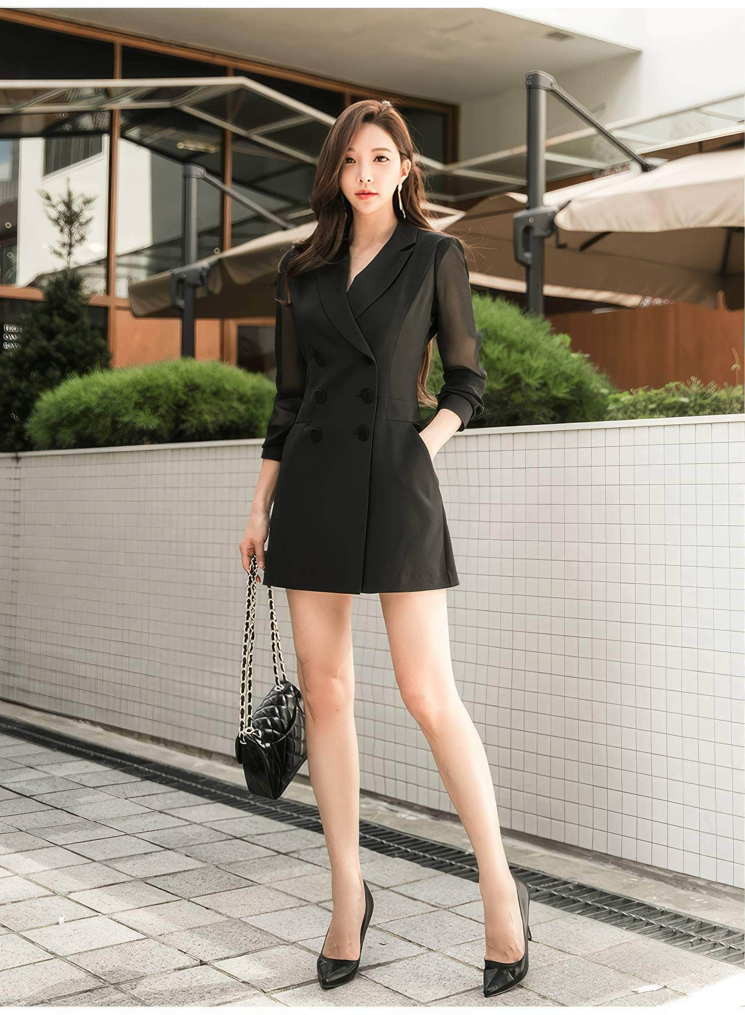 Mesh Sleeves Double Breasted Mini Blazer Dress