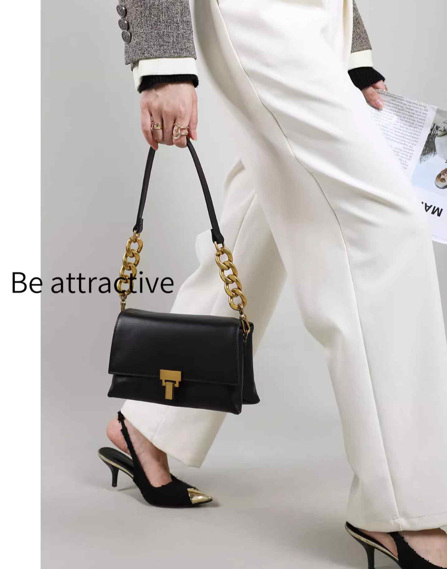 Metallic Embellished Leather Chain Shoulder Bag