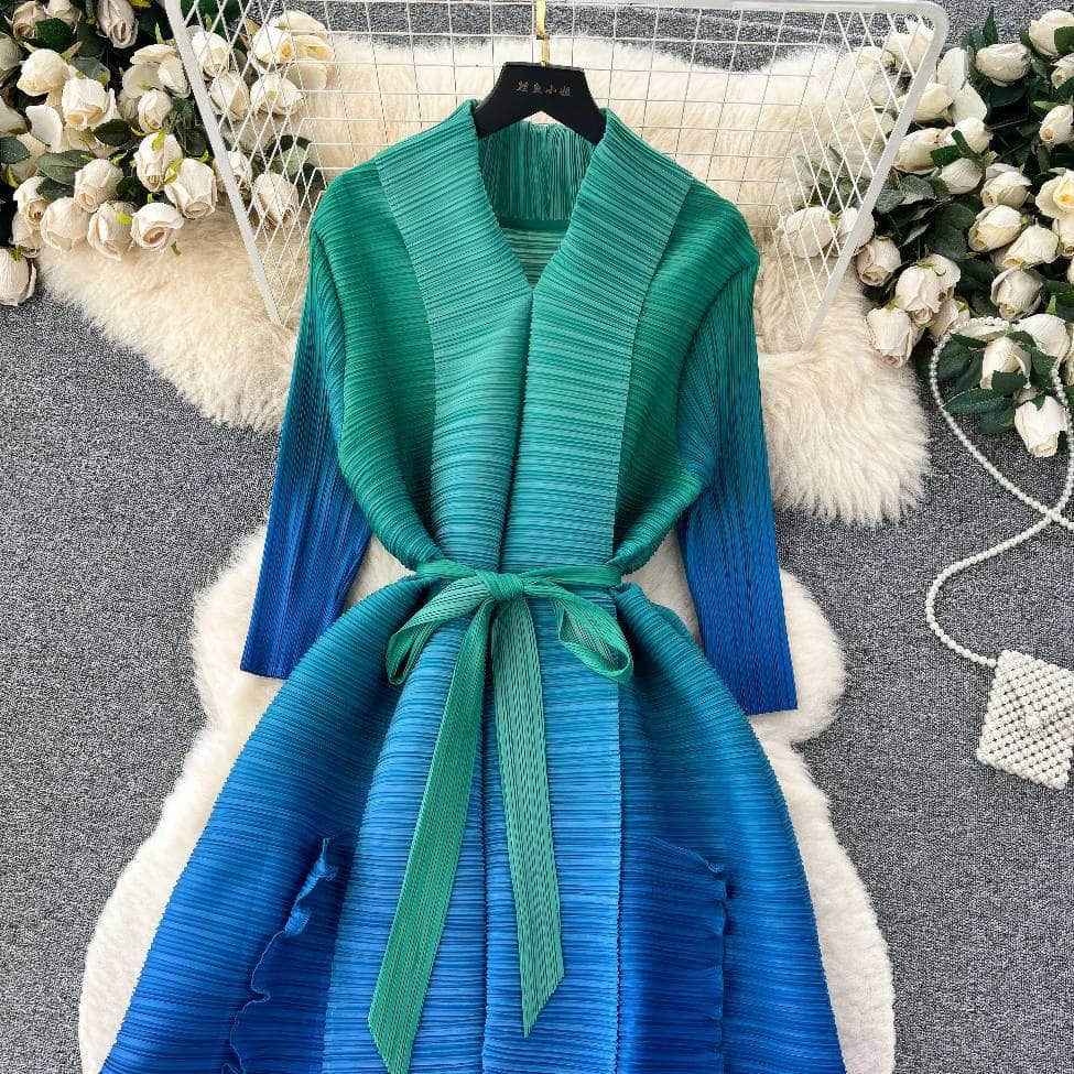 Mid Sleeves Pleated Ombre Waist Sash Dress