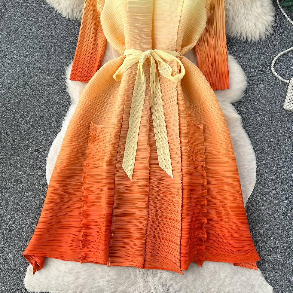 Mid Sleeves Pleated Ombre Waist Sash Dress