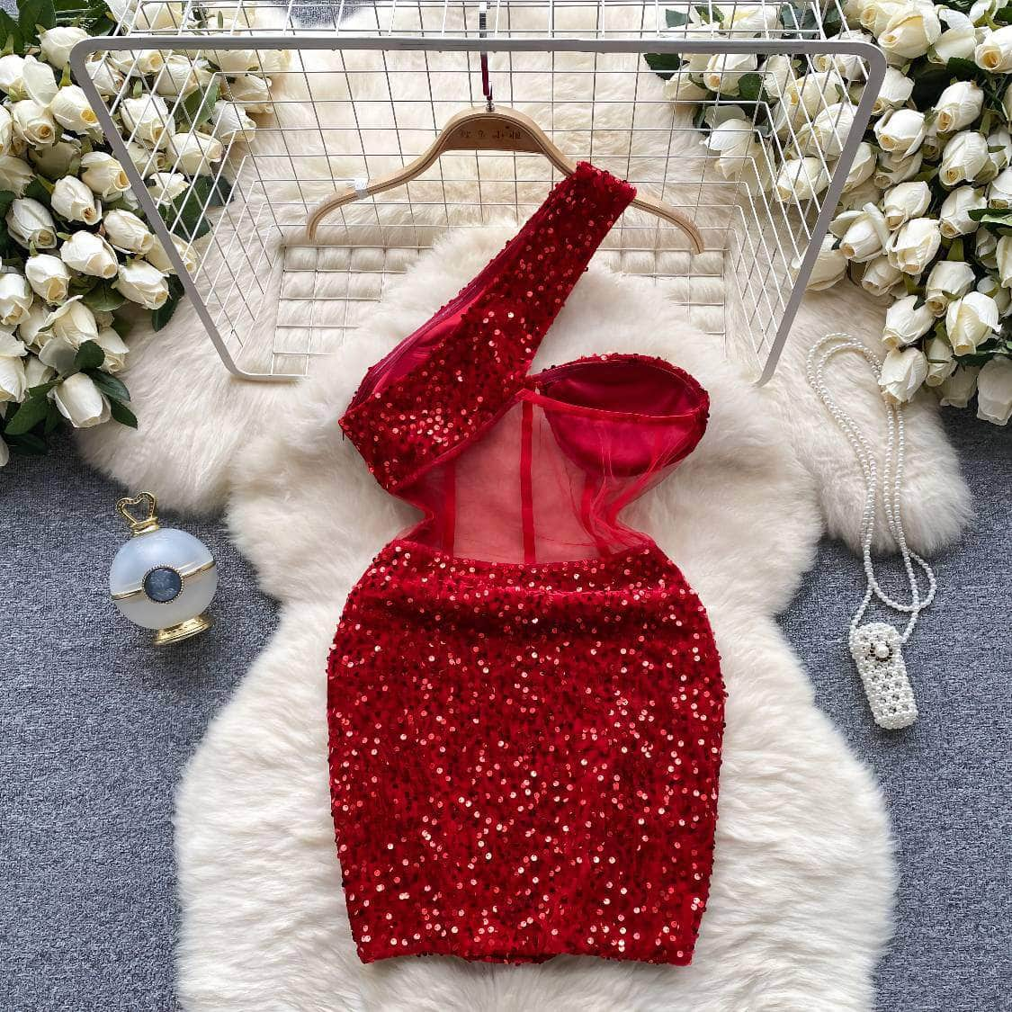 Monostrap Bustier Mesh Mini Rhinestone Dress