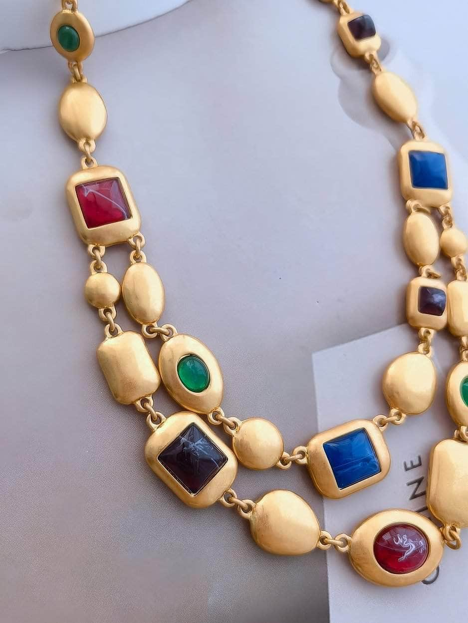 Multicolor Two-Row Statement Gold Necklace