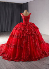 Off Shoulder Tiered Lace Floral Detailed Quinceañera Ball Dress - G5H6I