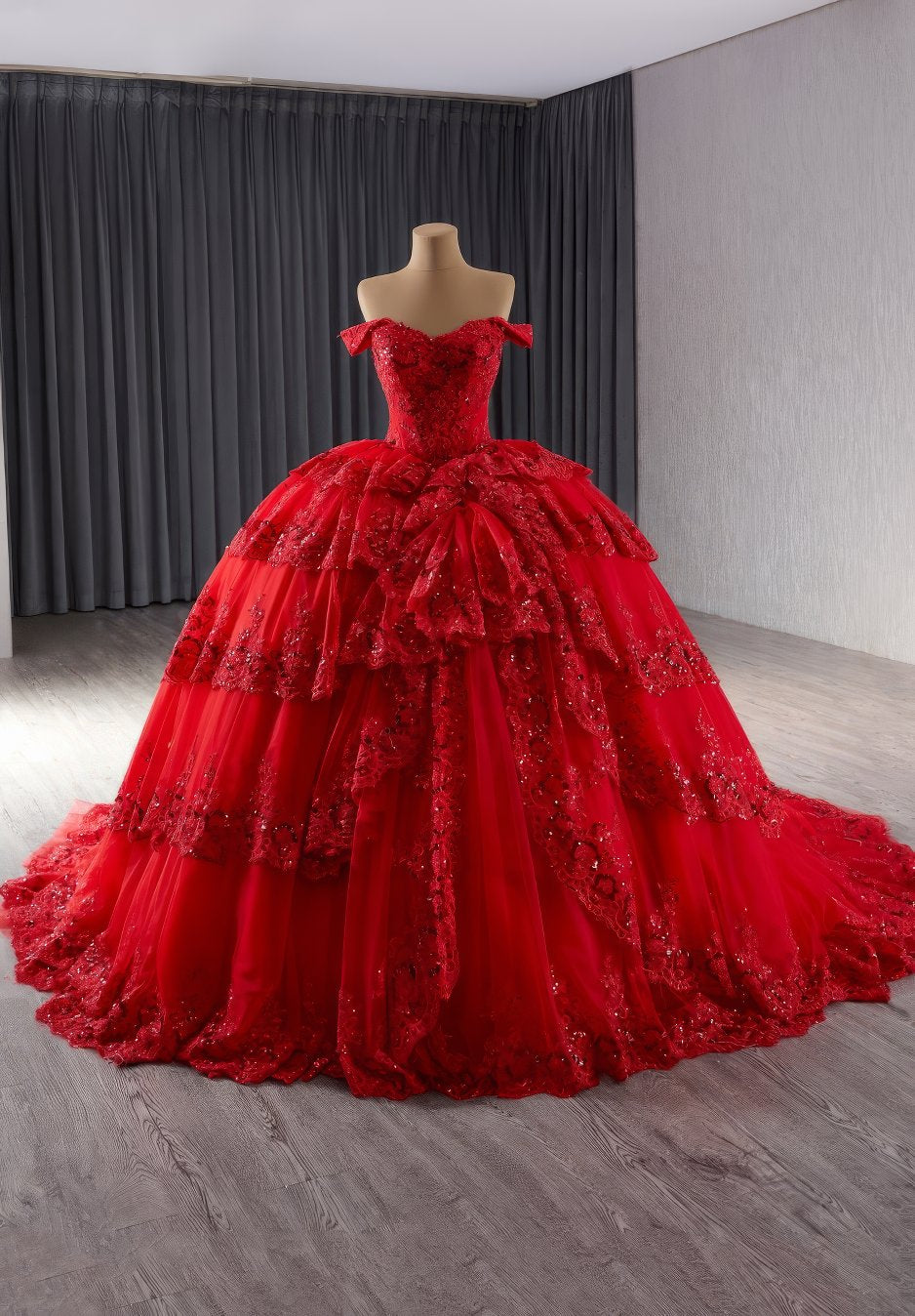 Off Shoulder Tiered Lace Floral Detailed Quinceañera Ball Dress - G5H6I