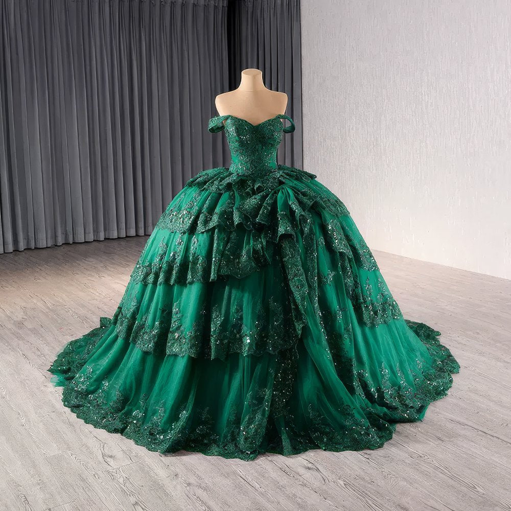 Off Shoulder Tiered Lace Floral Detailed Quinceañera Ball Dress - G5H6I