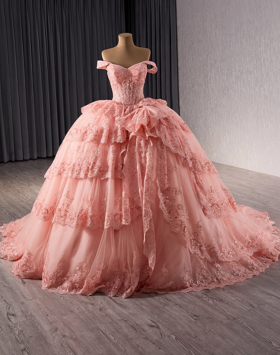 Off Shoulder Tiered Lace Floral Detailed Quinceañera Ball Dress - G5H6I