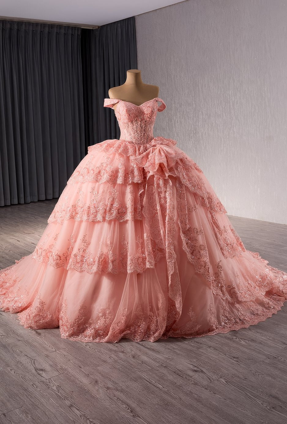 Off Shoulder Tiered Lace Floral Detailed Quinceañera Ball Dress - G5H6I