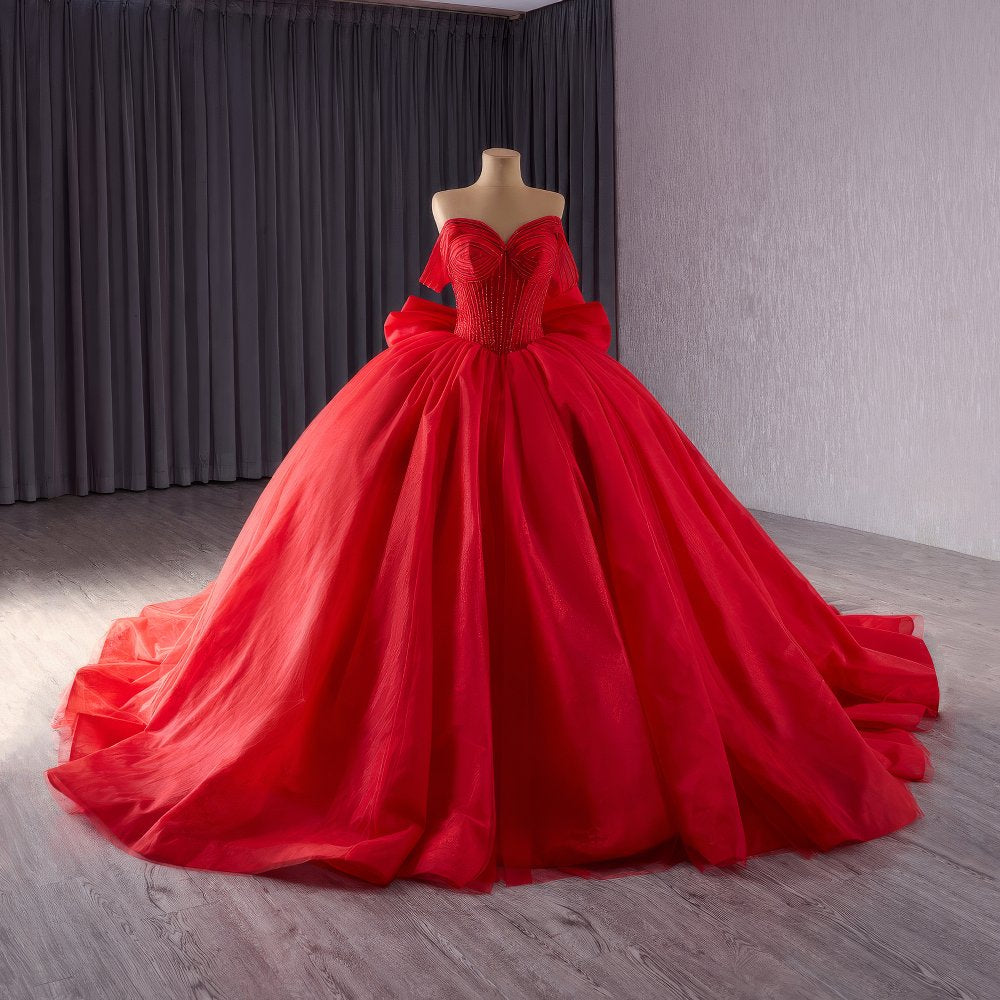 Off Shoulder Tube Bead Decor Quince Tube Ball Gown - D3E4F