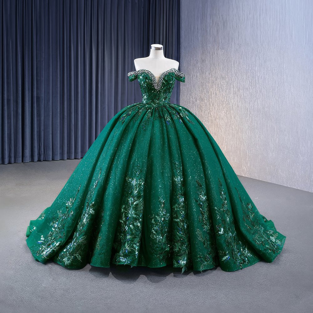 Off The Shoulder Emerald Sequin Detailed Quinceañeraa Dress F1G2I