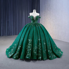 Off The Shoulder Emerald Sequin Detailed Quinceañeraa Dress F1G2I