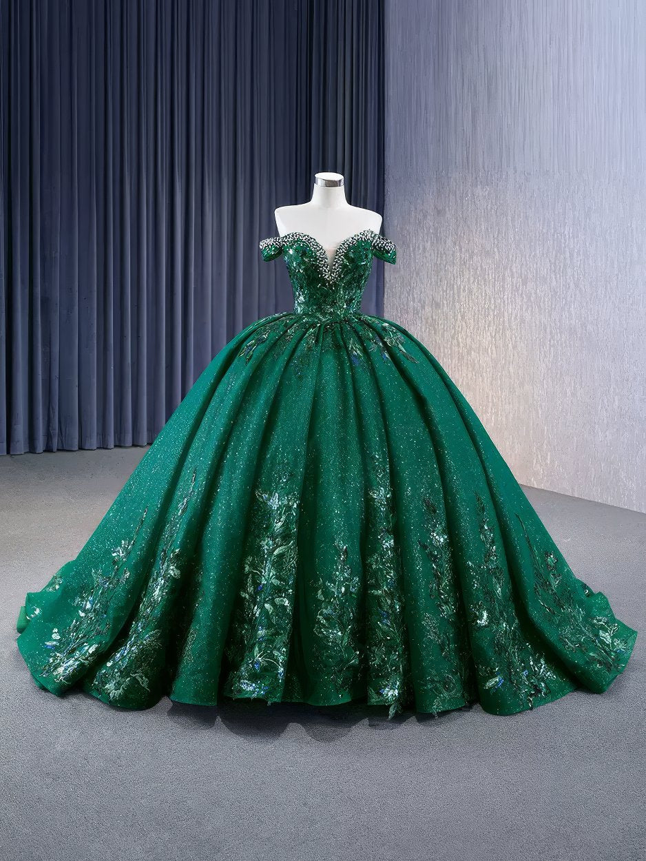 Off The Shoulder Emerald Sequin Detailed Quinceañeraa Dress F1G2I