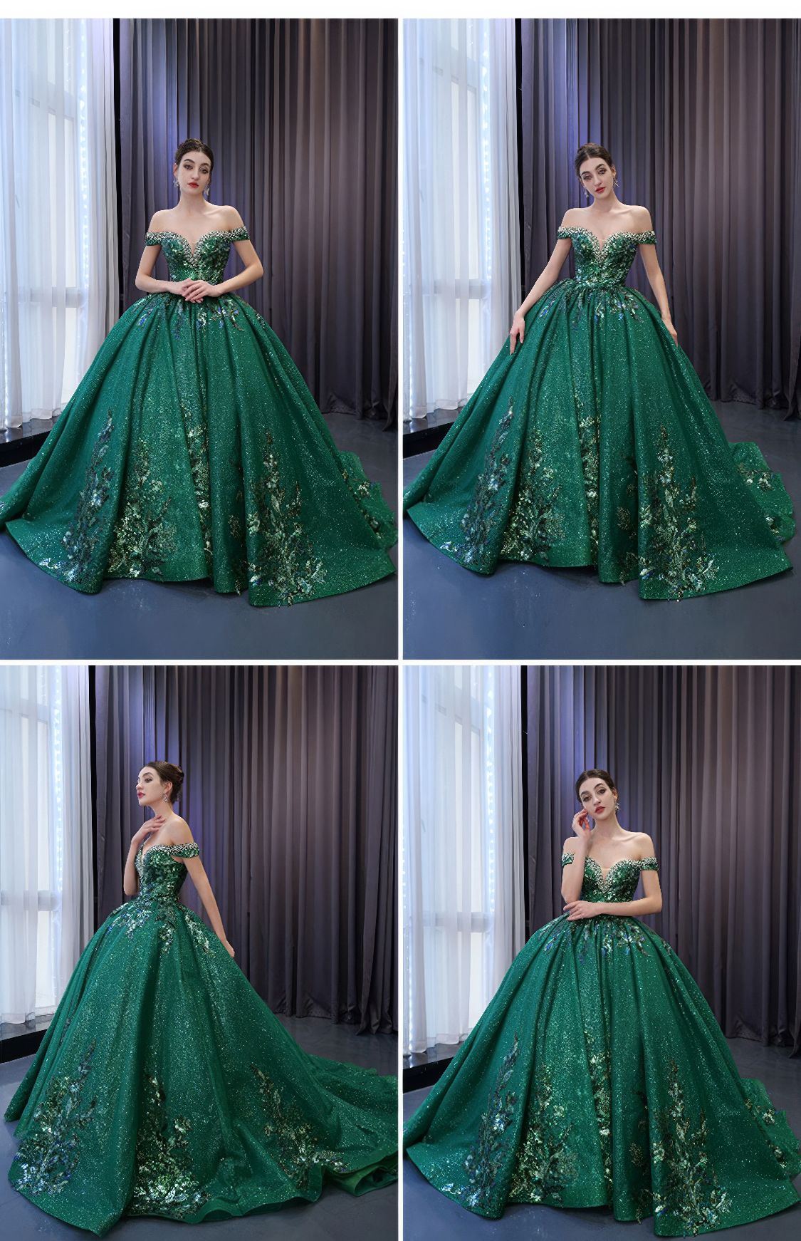 Off The Shoulder Emerald Sequin Detailed Quinceañeraa Dress F1G2I