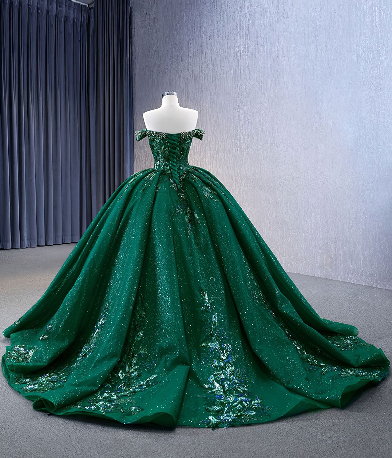 Off The Shoulder Emerald Sequin Detailed Quinceañeraa Dress F1G2I