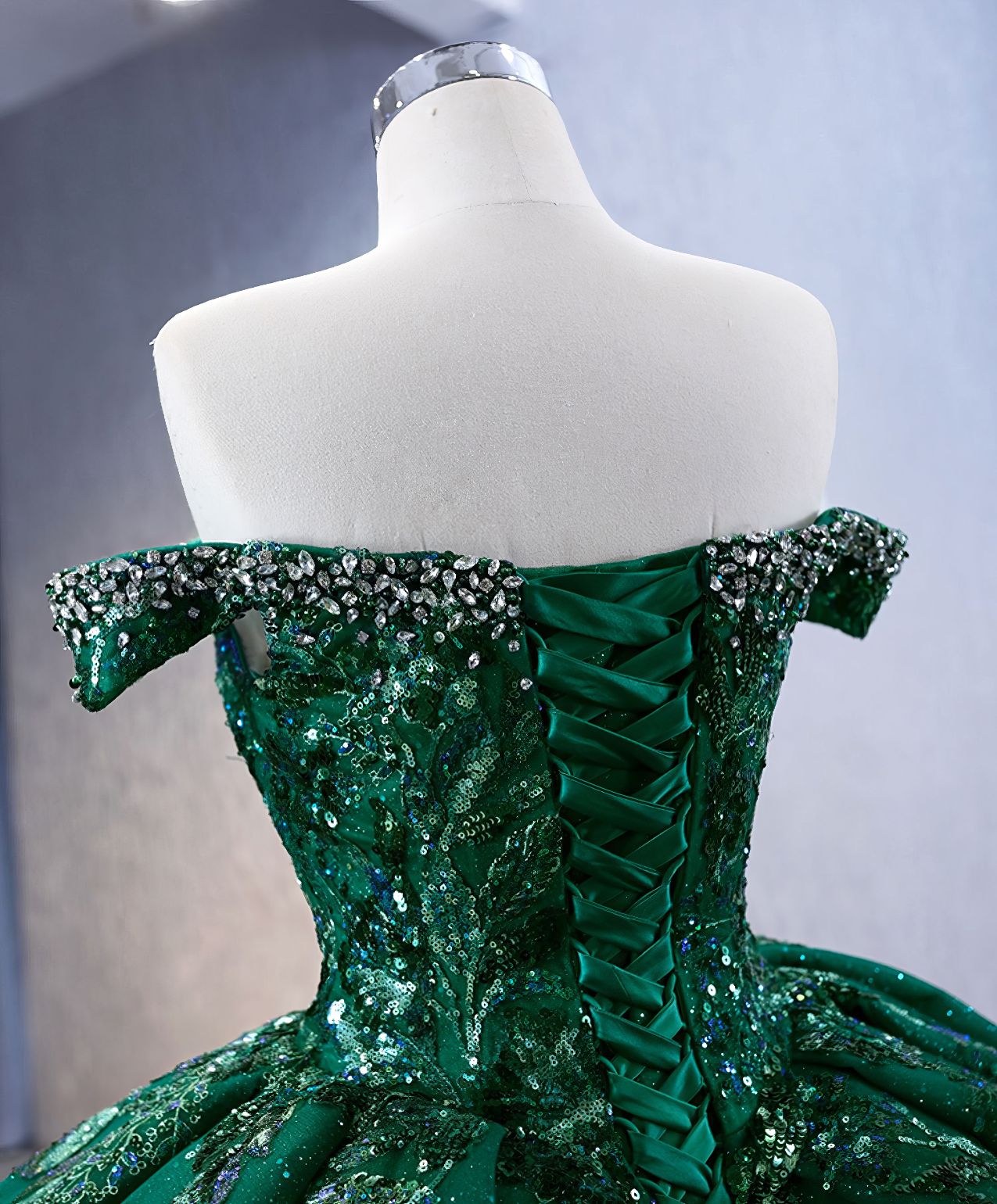 Off The Shoulder Emerald Sequin Detailed Quinceañeraa Dress F1G2I