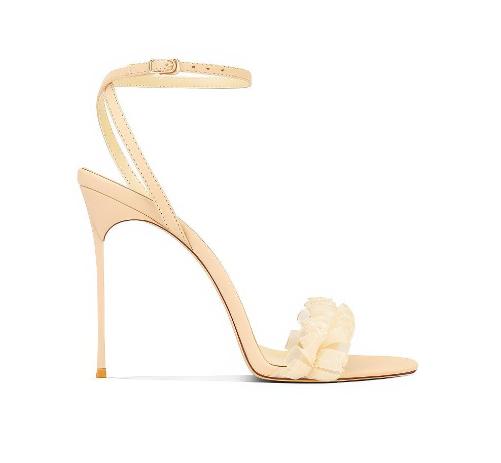 Open Toe Ankle Strap Scrunchie Ruffled Heels