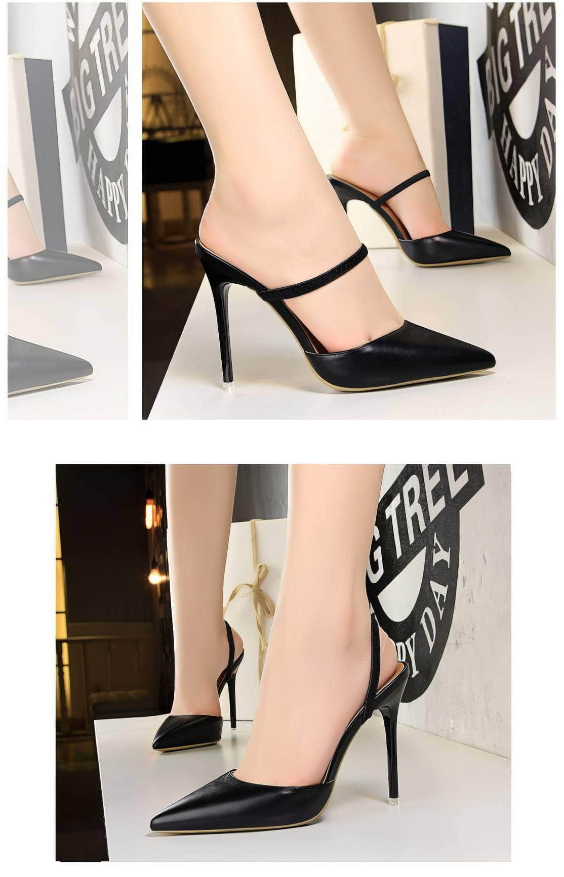 Open Back Pointy Toes Strap Slipper Stilettos