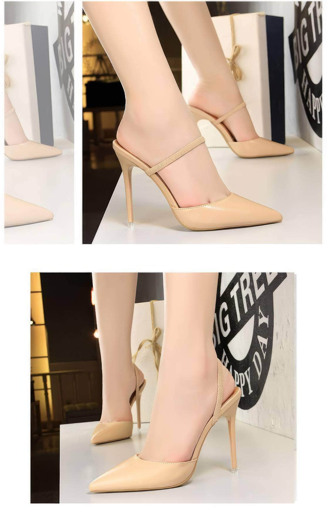 Open Back Pointy Toes Strap Slipper Stilettos